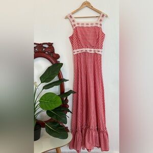 True Vintage 70s ILGWU Red Gingham and Lace Sleeveless Maxi Cottagecore Dress